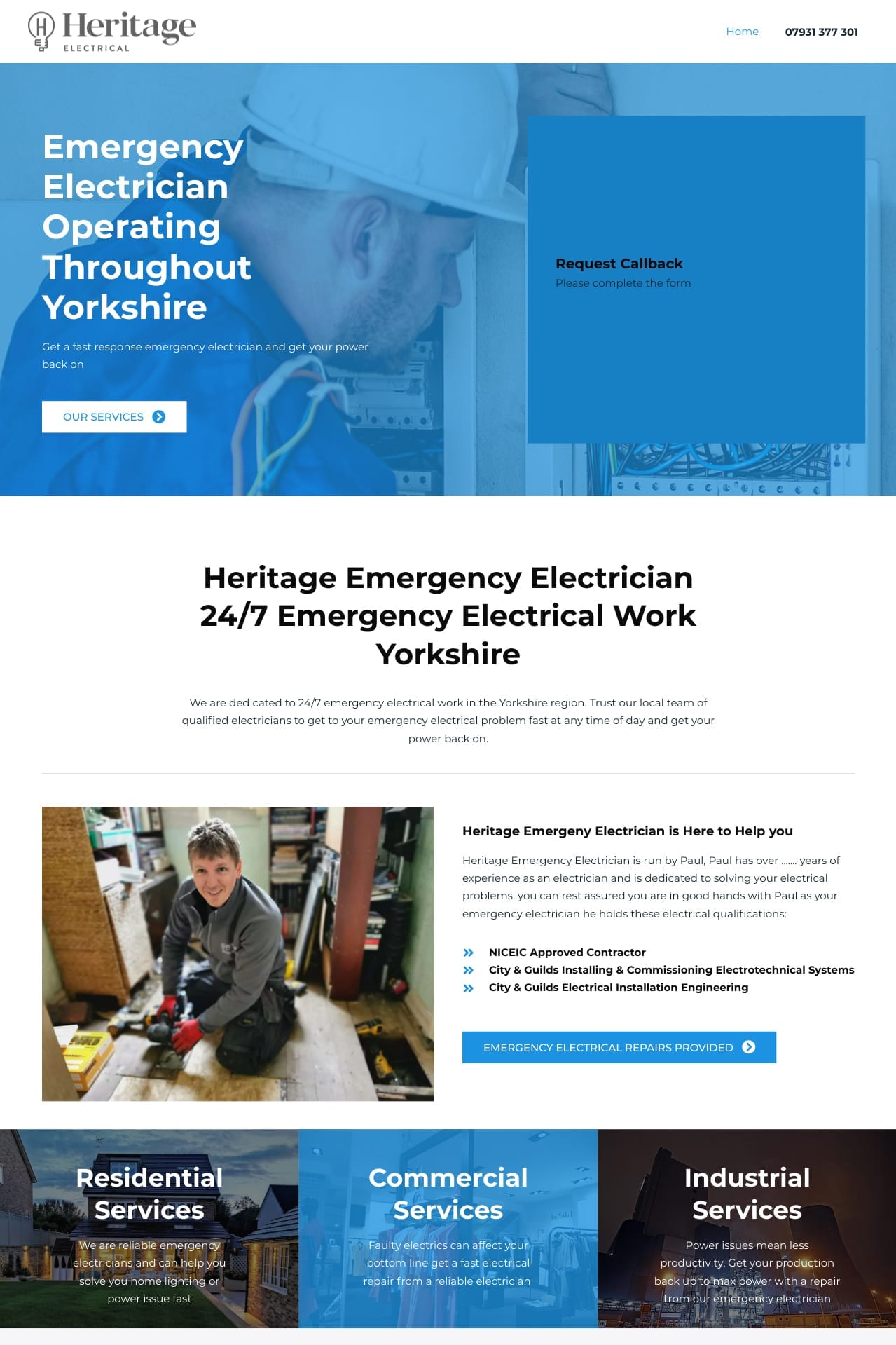 Heritage Emergency Electrician's website in Holmfirth, Huddersfield