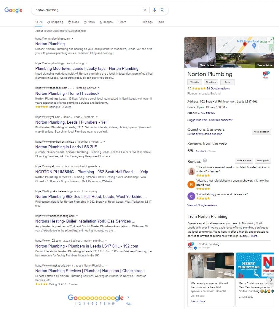Norton Plumbing's google my business page on google search engine