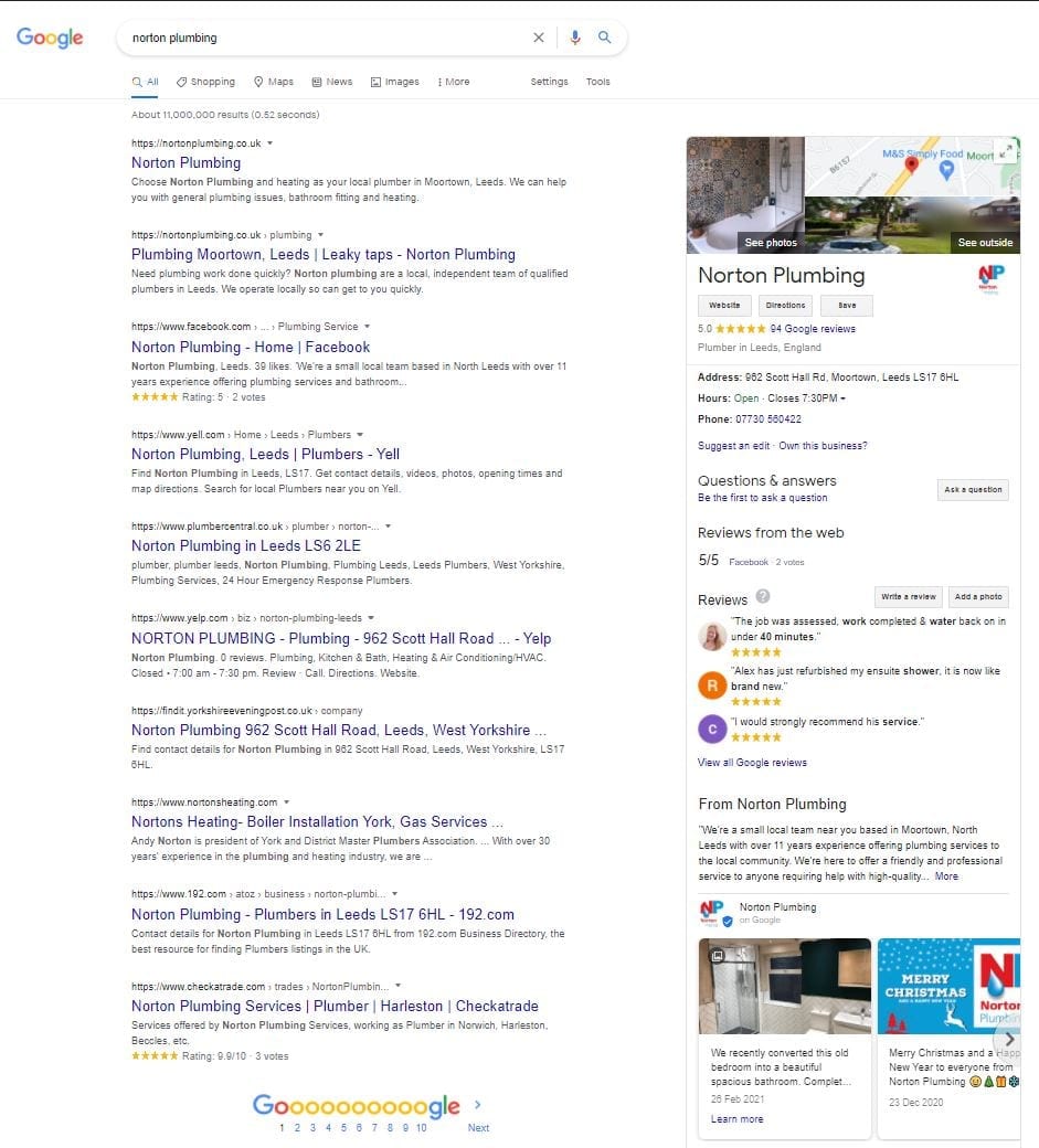 Norton Plumbing's google my business page on google search engine Norton Plumbing's google my business page on google search engine