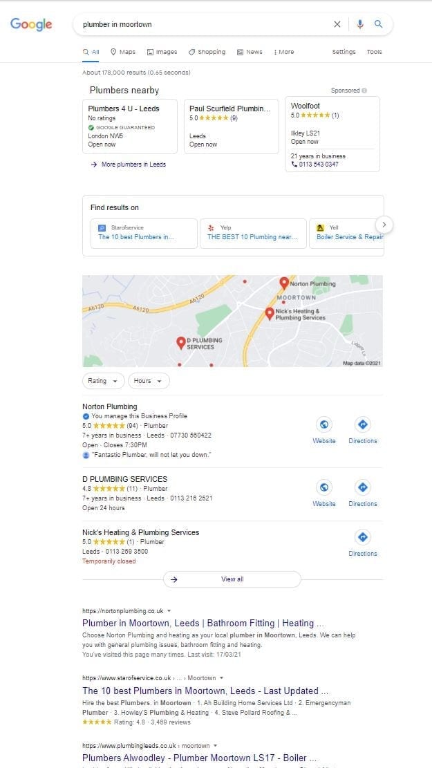 Norton Plumbings position on Google's Map 3 pack 16.9