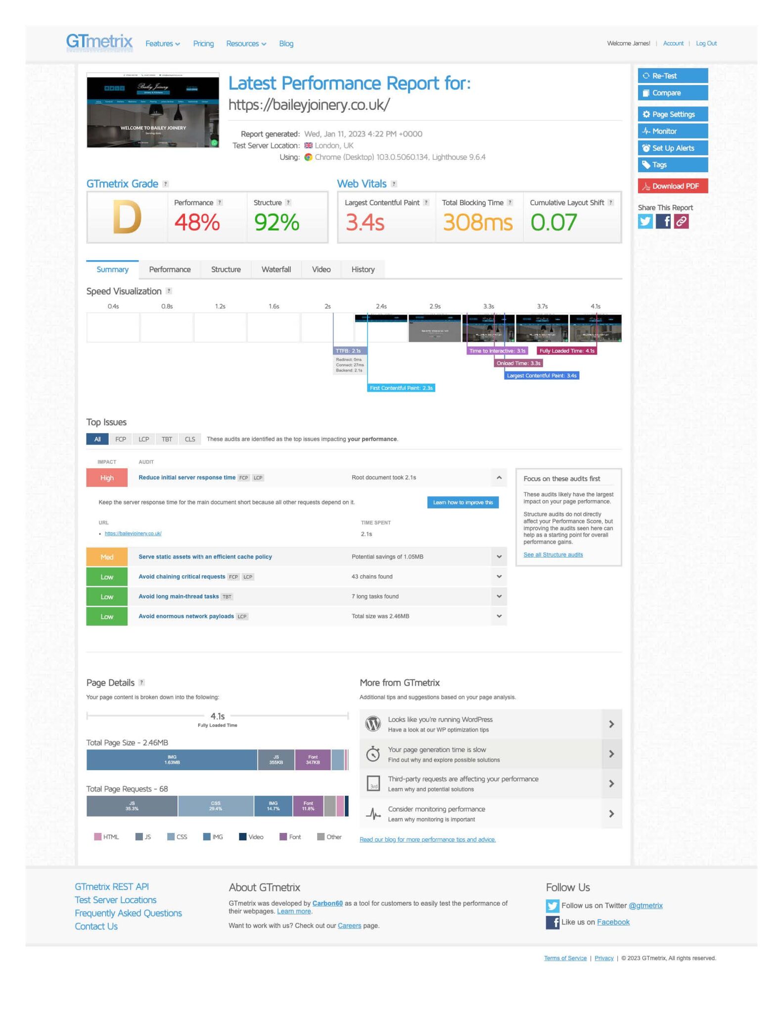 Before screen capture of gtmetrix report for baileyjoinery.co.uk website
